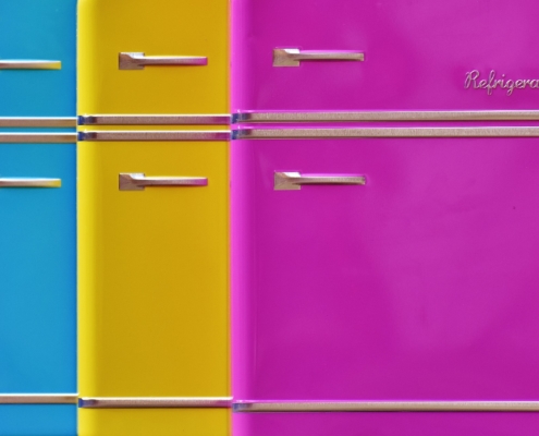 refrigerators colorful, magenta, yellow and blue