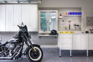 Garage tool, motorcycle, epoxy floor, garage cabinets, slatwall storage
