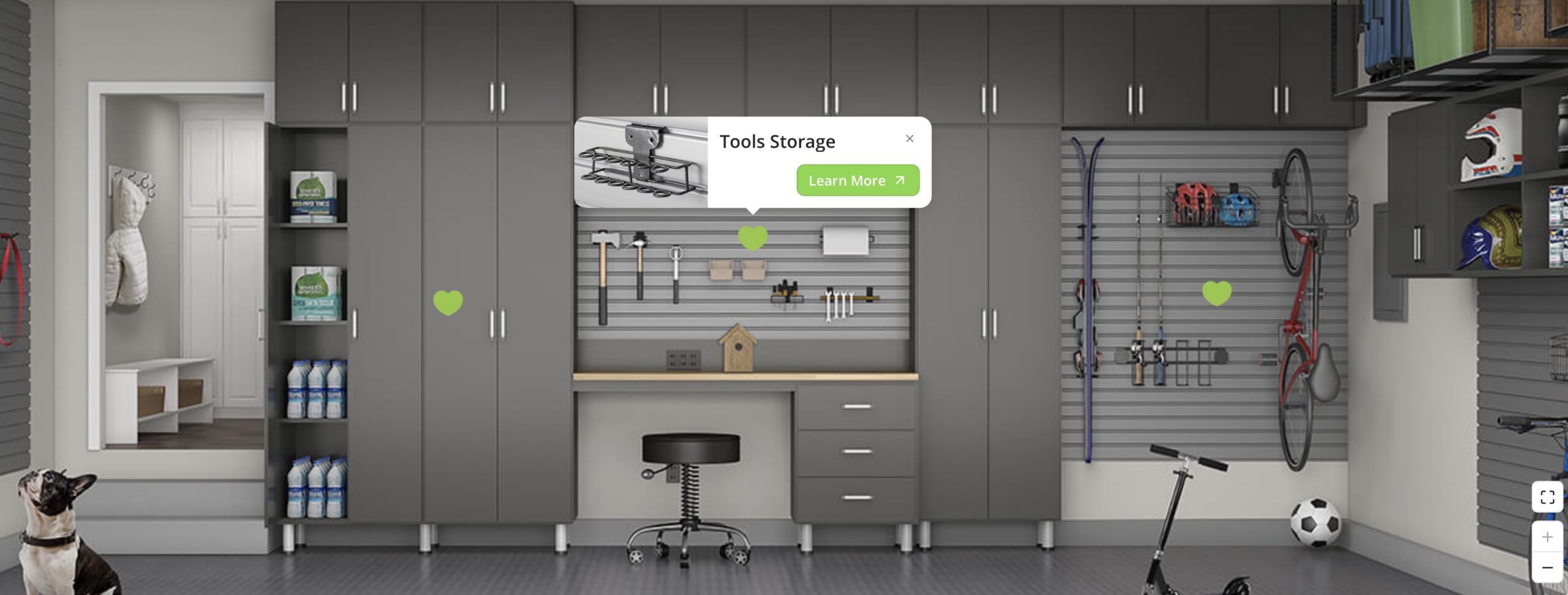 Custom grey garage storage system with cabinets, workbench, and tool organization wall.